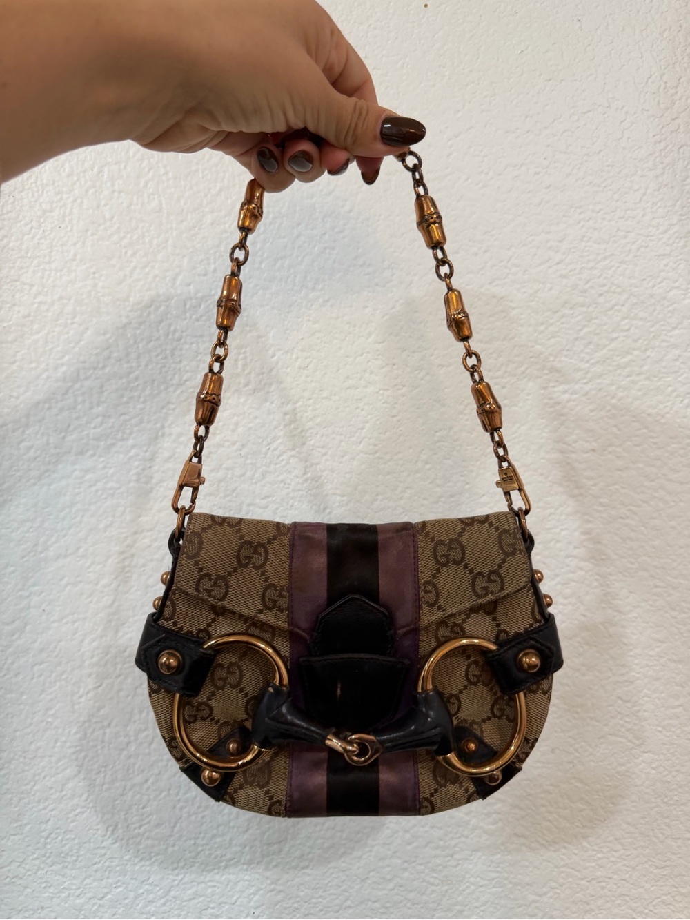 Gucci Tom Ford Era Brown GG Canvas Shoulder Bag with Black and Plum Straps